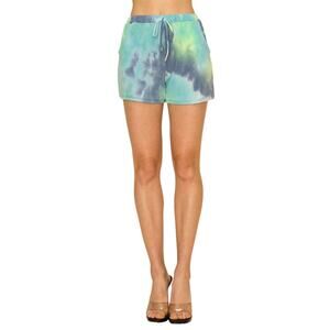 Blue Green Multicolor Tie Dye Summer Elastic Waist String Sweat Shorts Large NWT